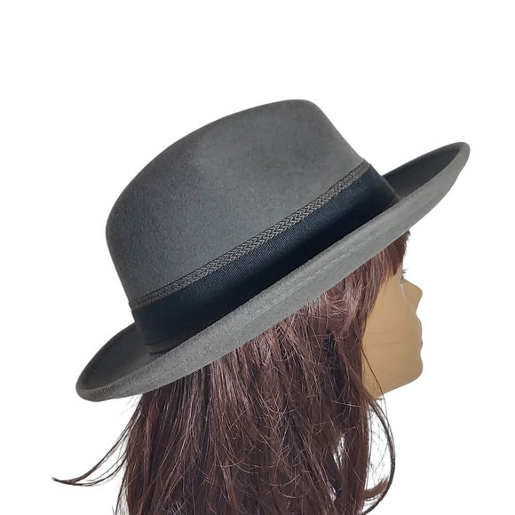 Hats in the Belfry 100% Gray Wool Fedora Black bow hatband and feather main image 13